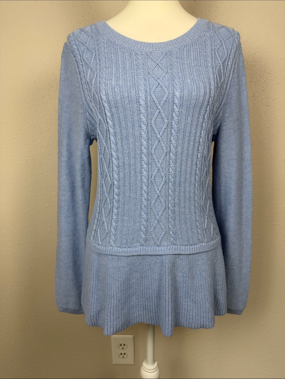 Talbots Cable Knit Sweater Women’s Med Light Blue Cashmere Blend Peplum Pullover - Picture 8 of 10